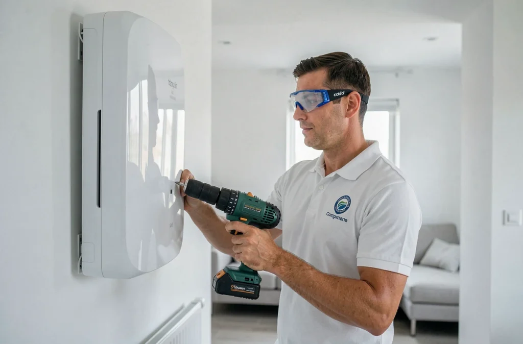 Technicien Ets Cadorin installant une climatisation réversible air-air dans un appartement moderne