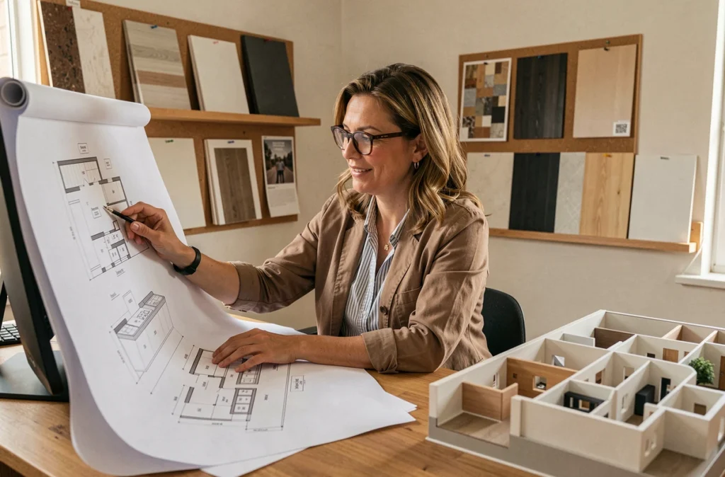 Designer de cuisine indépendante Marie Solveig Tan Ham dans son studio de conception à Perpignan avec plans et échantillons
