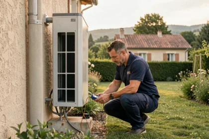 Technicien installant une pompe à chaleur sur une maison en Haute-Garonne