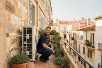 Technicien installant une pompe à chaleur sur la façade d'un immeuble marseillais avec vue sur les toits provençaux