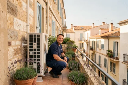 Technicien installant une pompe à chaleur sur la façade d'un immeuble marseillais avec vue sur les toits provençaux
