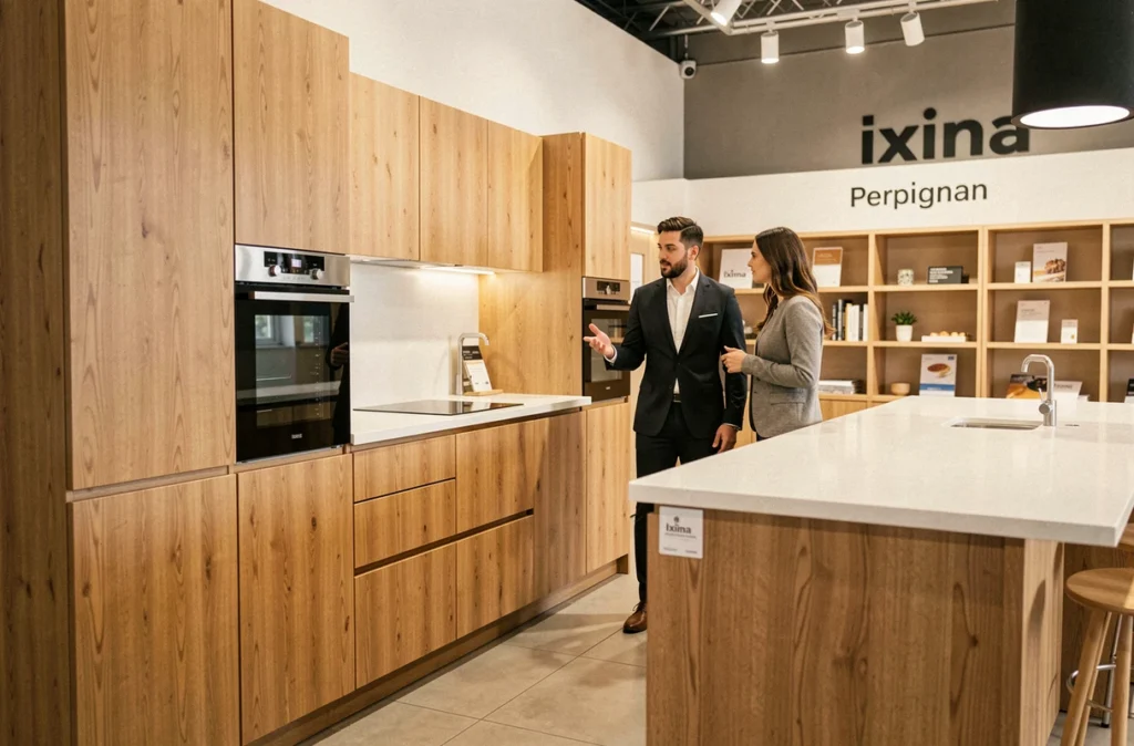 Showroom Ixina Perpignan avec cuisine en bois chêne et conseiller présentant un modèle à des clients