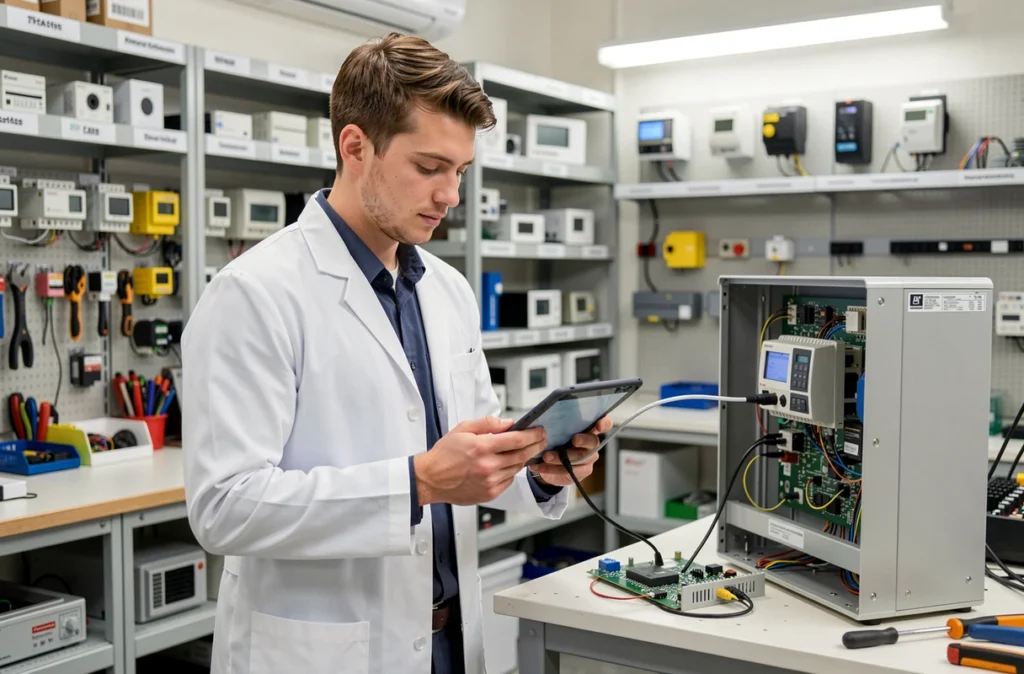 Technicien de Mecatronic effectuant un diagnostic électronique sur une carte de contrôle de pompe à chaleur dans un atelier technique