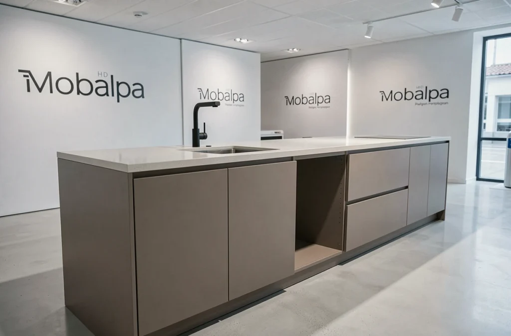 Cuisine minimaliste Mobalpa Perpignan avec façades taupe matte et plan de travail en Dekton