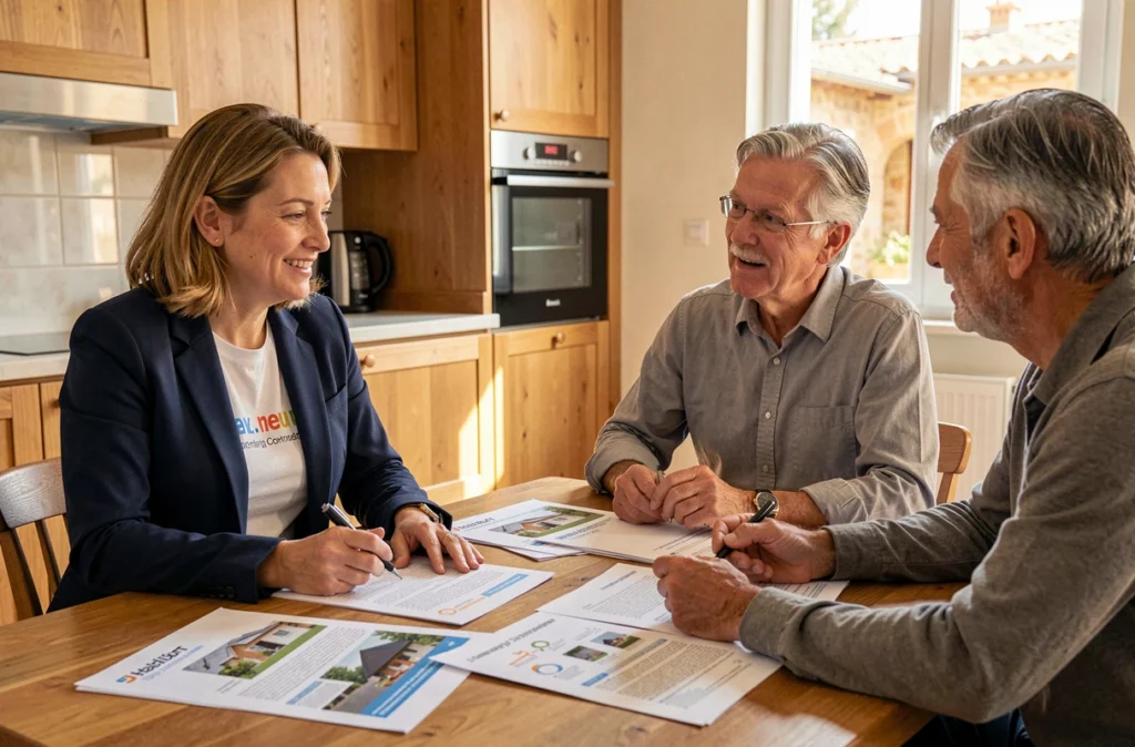 Conseillère d'OHE Optimisation Habitat Energie présentant un plan d'optimisation énergétique à un couple de propriétaires