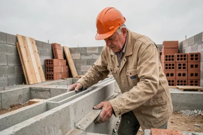 Ouvrier de chantier inspectant une poutrelle en béton sur un chantier de construction de plancher hourdi