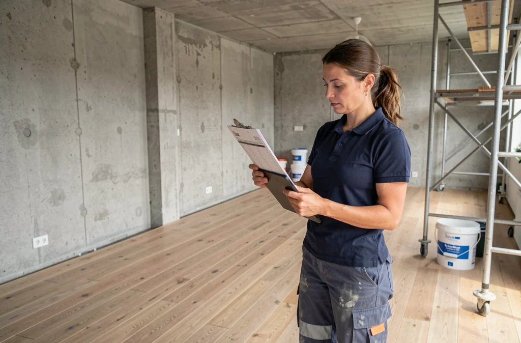 Professionnelle du bâtiment analysant un devis de rénovation détaillé dans un appartement en cours de travaux avec sol en bois neuf