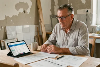 Propriétaire consultant les tarifs de rénovation Batievol sur une tablette avec des devis papier sur une table en bois dans une cuisine en cours de travaux