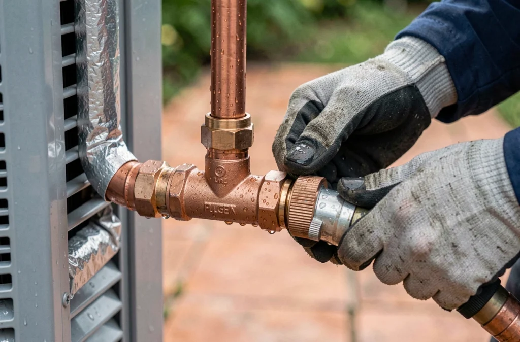 Gros plan sur le raccordement de tuyaux de réfrigérant lors de l'installation d'une pompe à chaleur