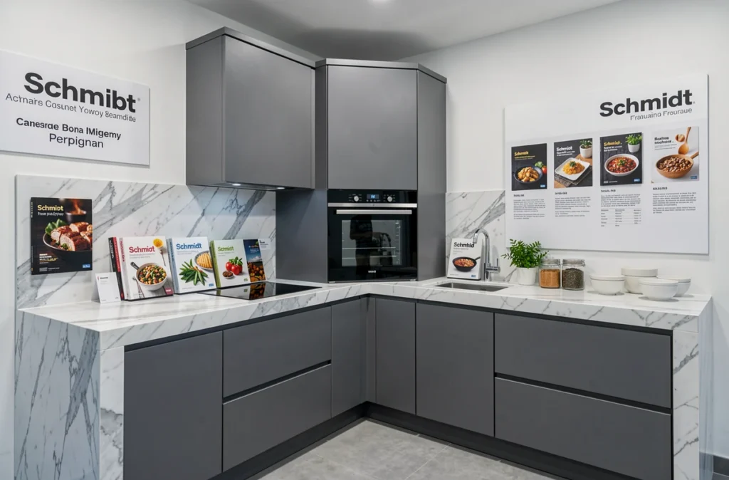 Exposition Schmidt Perpignan avec cuisine grise anthracite et plan de travail en marbre effet waterfall