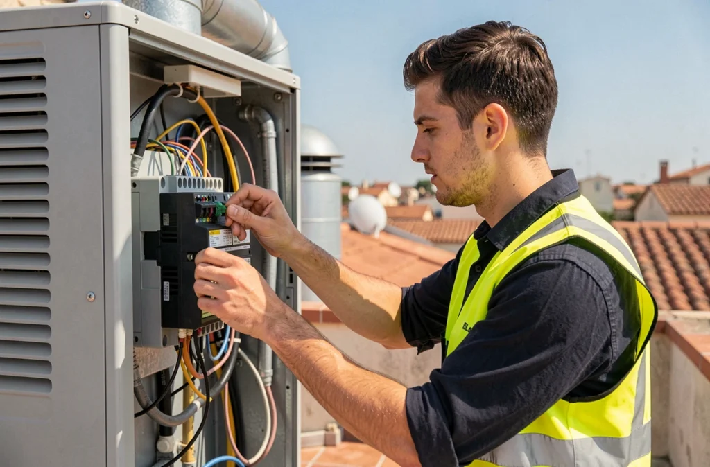 Électricien de Start Electrique raccordant les câbles d'une pompe à chaleur sur une terrasse marseillaise