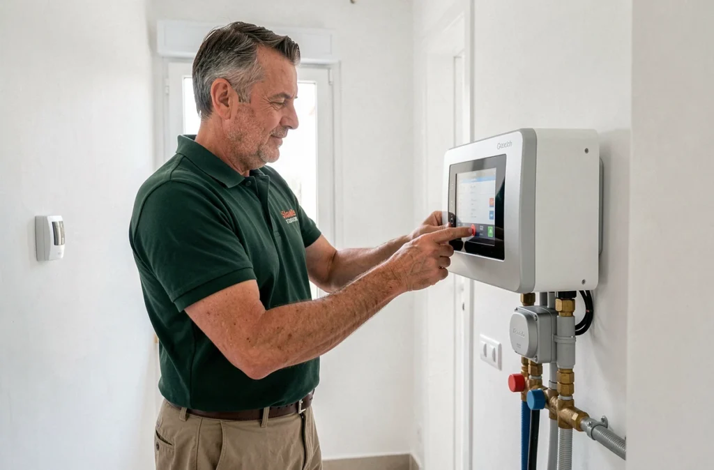 Spécialiste thermique de Vincythermie réglant le tableau de contrôle d'une pompe à chaleur inverter dans un appartement contemporain marseillais