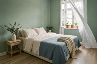Chambre apaisante aux murs vert sauge avec literie en lin ivoire et plantes naturelles pour favoriser le calme et le sommeil