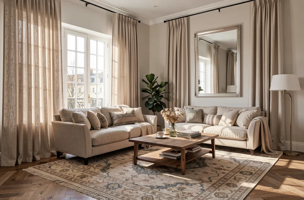 Rideaux longs, tapis et miroir dans un salon lumineux