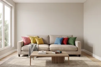 Salon de maison aux tons neutres avec accents colorés