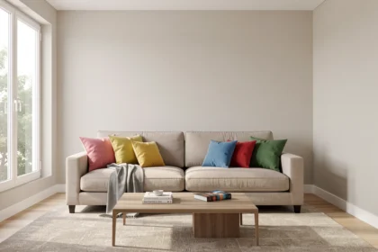 Salon de maison aux tons neutres avec accents colorés